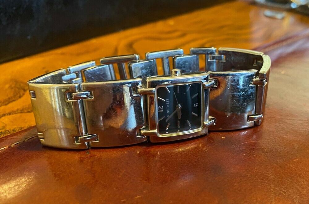Women's Silver Tone Nine West Watch, Bracelet Band, Black Face